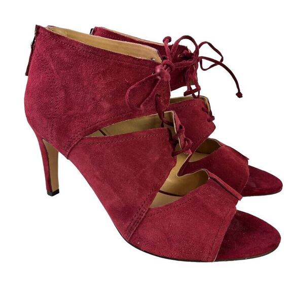 Franco Sarto Shawnee Womens Red Leather Suede Cage Heels Peep Toe Shoes sz 8 - Picture 1 of 16